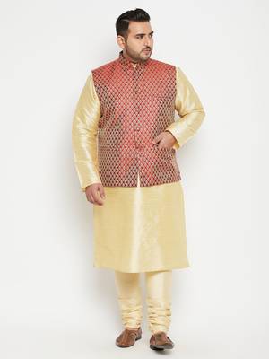 Gold, Maroon And White Silk Blend Jacket Kurta Pyjama Set 2