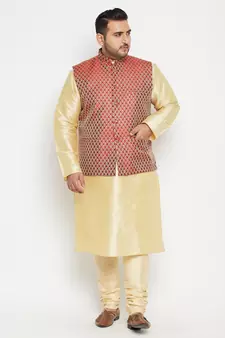 Gold, Maroon And White Silk Blend Jacket Kurta Pyjama Set
