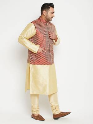 Gold, Maroon And White Silk Blend Jacket Kurta Pyjama Set 3