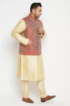 Gold, Maroon And White Silk Blend Jacket Kurta Pyjama Set