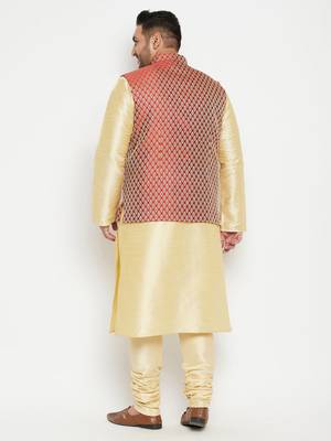 Gold, Maroon And White Silk Blend Jacket Kurta Pyjama Set 4