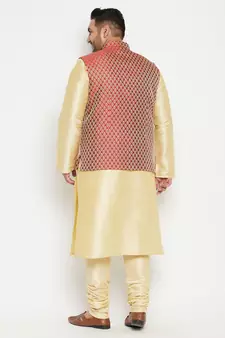 Gold, Maroon And White Silk Blend Jacket Kurta Pyjama Set