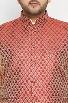 Gold, Maroon And White Silk Blend Jacket Kurta Pyjama Set