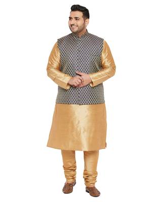 Rose Gold, Blue And White Silk Blend Jacket Kurta Pyjama Set 1