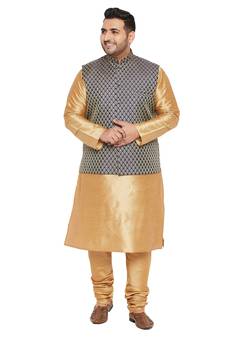 Men'S Rose Gold, Blue And White Silk Blend Jacket Kurta Pyjama Set