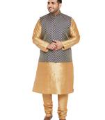 Rose Gold, Blue And White Silk Blend Jacket Kurta Pyjama Set