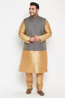 Rose Gold, Blue And White Silk Blend Jacket Kurta Pyjama Set