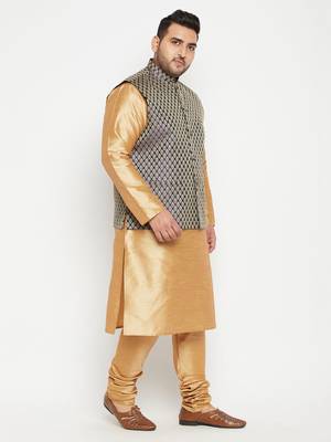 Rose Gold, Blue And White Silk Blend Jacket Kurta Pyjama Set 3