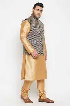 Rose Gold, Blue And White Silk Blend Jacket Kurta Pyjama Set