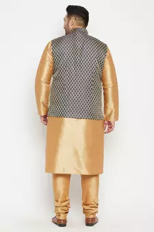 Rose Gold, Blue And White Silk Blend Jacket Kurta Pyjama Set