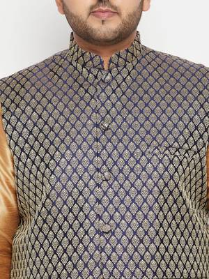 Rose Gold, Blue And White Silk Blend Jacket Kurta Pyjama Set 5