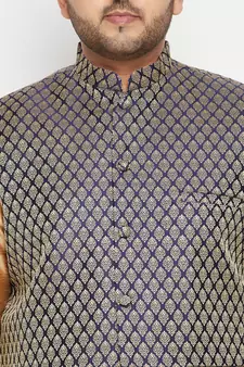 Rose Gold, Blue And White Silk Blend Jacket Kurta Pyjama Set