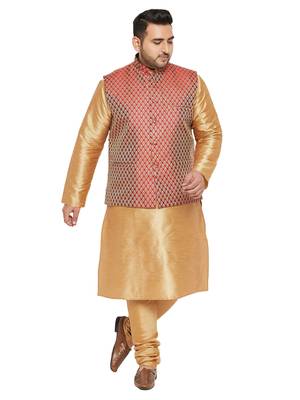 Rose Gold, Maroon And White Silk Blend Jacket Kurta Pyjama Set 1