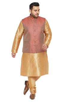 Men'S Rose Gold, Maroon And White Silk Blend Jacket Kurta Pyjama Set