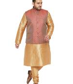 Men'S Rose Gold, Maroon And White Silk Blend Jacket Kurta Pyjama Set