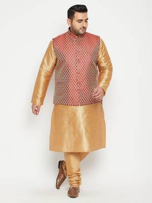 Rose Gold, Maroon And White Silk Blend Jacket Kurta Pyjama Set 2