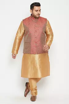 Rose Gold, Maroon And White Silk Blend Jacket Kurta Pyjama Set