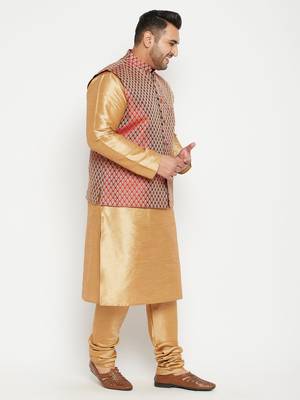 Rose Gold, Maroon And White Silk Blend Jacket Kurta Pyjama Set 3