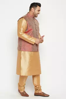Rose Gold, Maroon And White Silk Blend Jacket Kurta Pyjama Set