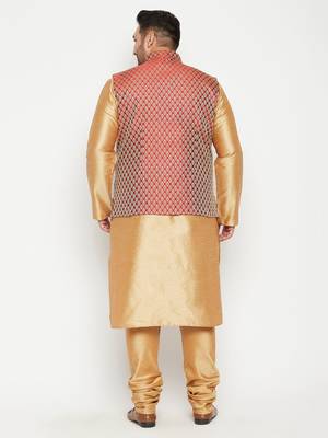 Rose Gold, Maroon And White Silk Blend Jacket Kurta Pyjama Set 4
