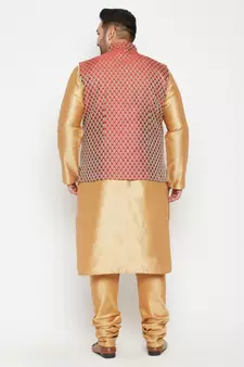 Rose Gold, Maroon And White Silk Blend Jacket Kurta Pyjama Set