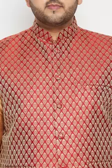 Rose Gold, Maroon And White Silk Blend Jacket Kurta Pyjama Set