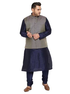 Navy Blue, Blue And White Silk Blend Jacket Kurta Pyjama Set 1
