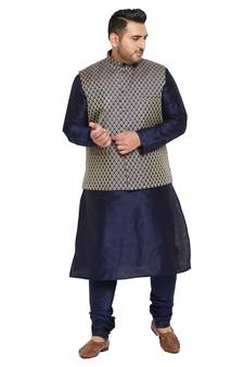 Men'S Navy Blue, Blue And White Silk Blend Jacket Kurta Pyjama Set