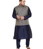 Men'S Navy Blue, Blue And White Silk Blend Jacket Kurta Pyjama Set
