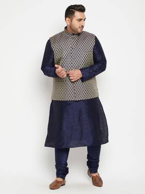 Navy Blue, Blue And White Silk Blend Jacket Kurta Pyjama Set 2