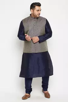 Navy Blue, Blue And White Silk Blend Jacket Kurta Pyjama Set