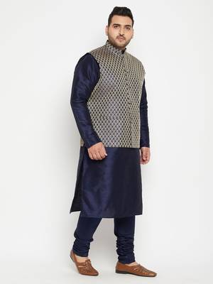 Navy Blue, Blue And White Silk Blend Jacket Kurta Pyjama Set 3