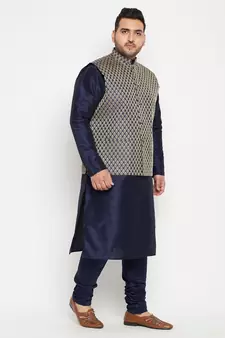 Navy Blue, Blue And White Silk Blend Jacket Kurta Pyjama Set