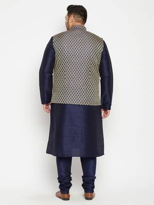 Navy Blue, Blue And White Silk Blend Jacket Kurta Pyjama Set 4