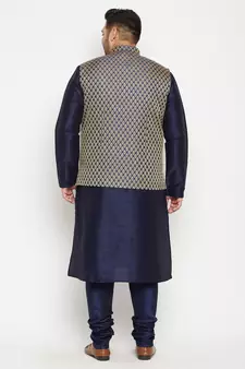 Navy Blue, Blue And White Silk Blend Jacket Kurta Pyjama Set