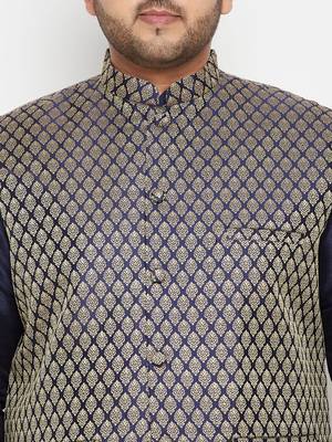 Navy Blue, Blue And White Silk Blend Jacket Kurta Pyjama Set 5