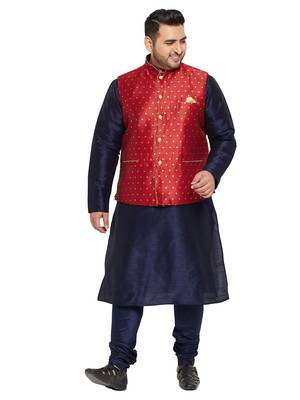 Navy Blue, Maroon And White Silk Blend Jacket Kurta Pyjama Set 1