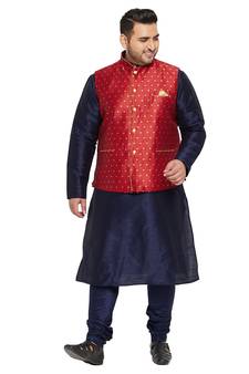 Men'S Navy Blue, Maroon And White Silk Blend Jacket Kurta Pyjama Set