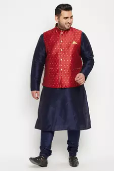 Navy Blue, Maroon And White Silk Blend Jacket Kurta Pyjama Set