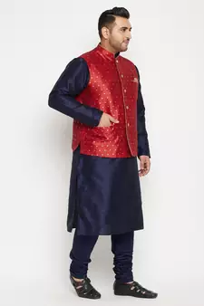 Navy Blue, Maroon And White Silk Blend Jacket Kurta Pyjama Set