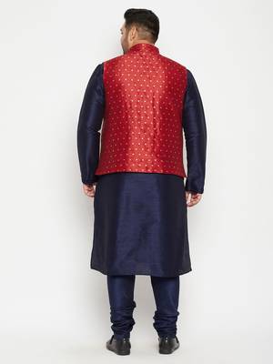 Navy Blue, Maroon And White Silk Blend Jacket Kurta Pyjama Set 4