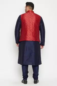 Navy Blue, Maroon And White Silk Blend Jacket Kurta Pyjama Set