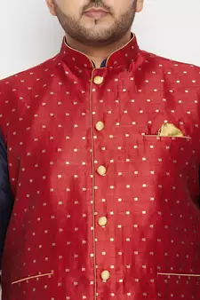 Navy Blue, Maroon And White Silk Blend Jacket Kurta Pyjama Set