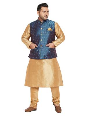 Rose Gold, Blue And White Silk Blend Jacket Kurta Pyjama Set 1