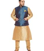 Men'S Rose Gold, Blue And White Silk Blend Jacket Kurta Pyjama Set