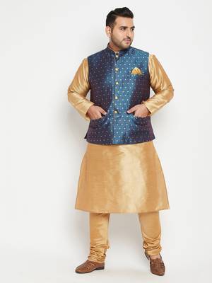 Rose Gold, Blue And White Silk Blend Jacket Kurta Pyjama Set 2
