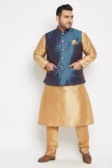 Rose Gold, Blue And White Silk Blend Jacket Kurta Pyjama Set