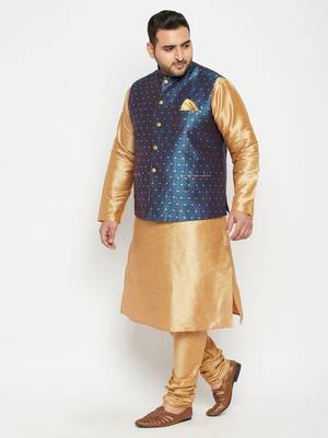 Rose Gold, Blue And White Silk Blend Jacket Kurta Pyjama Set 3