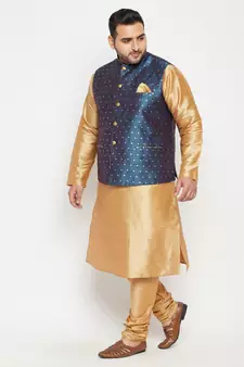 Rose Gold, Blue And White Silk Blend Jacket Kurta Pyjama Set