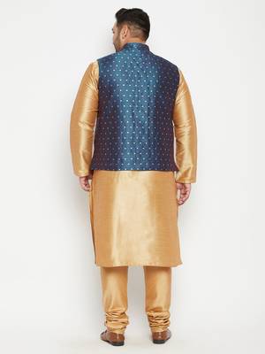 Rose Gold, Blue And White Silk Blend Jacket Kurta Pyjama Set 4